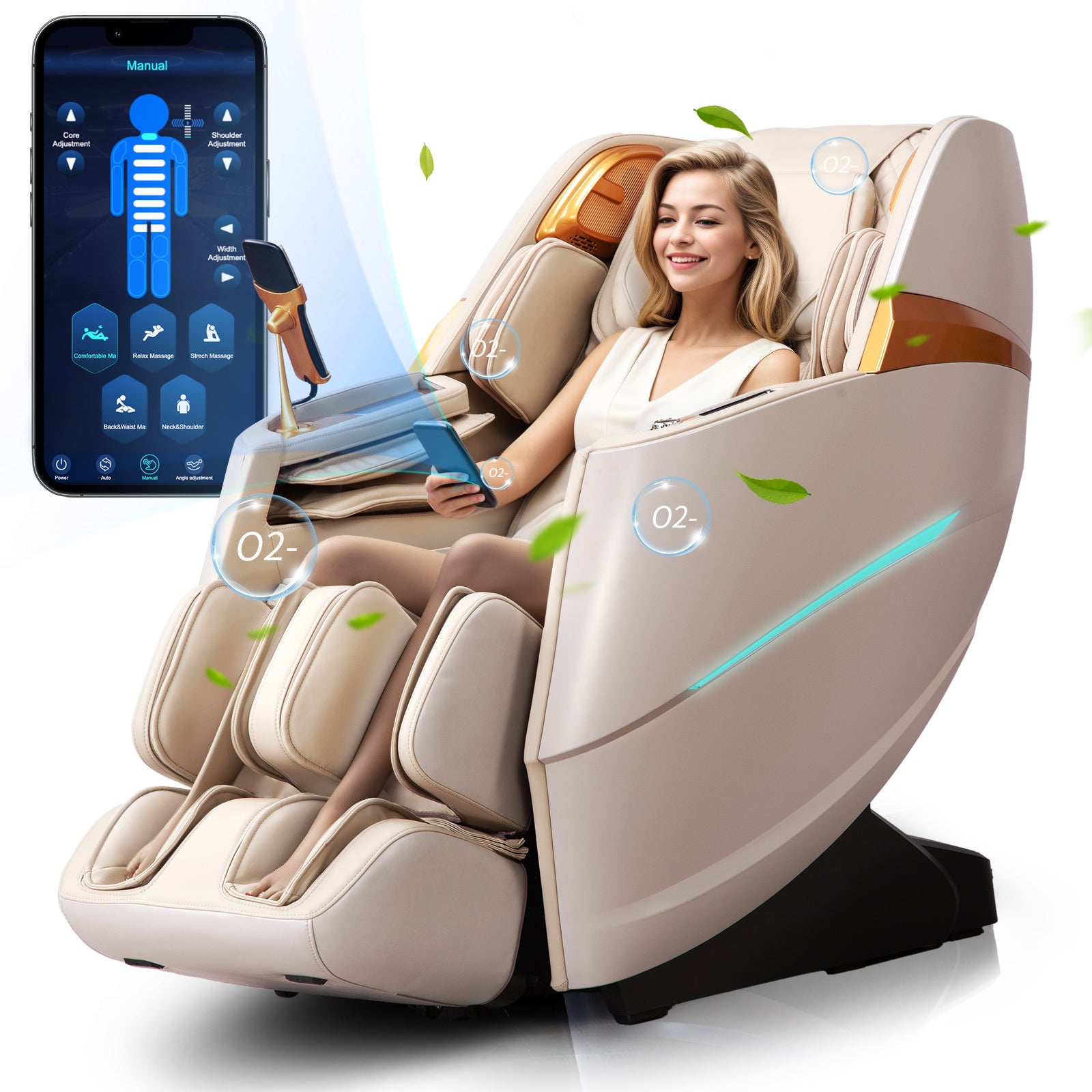 4D Massage Chair Full Body Zero Gravity Recliner - 55“ SL-Track,20 Auto Modes,11 Massage Technique,40 Airbags Massage,with Yoga Stretch,APP Control,Negative Oxygen lons(Beige)